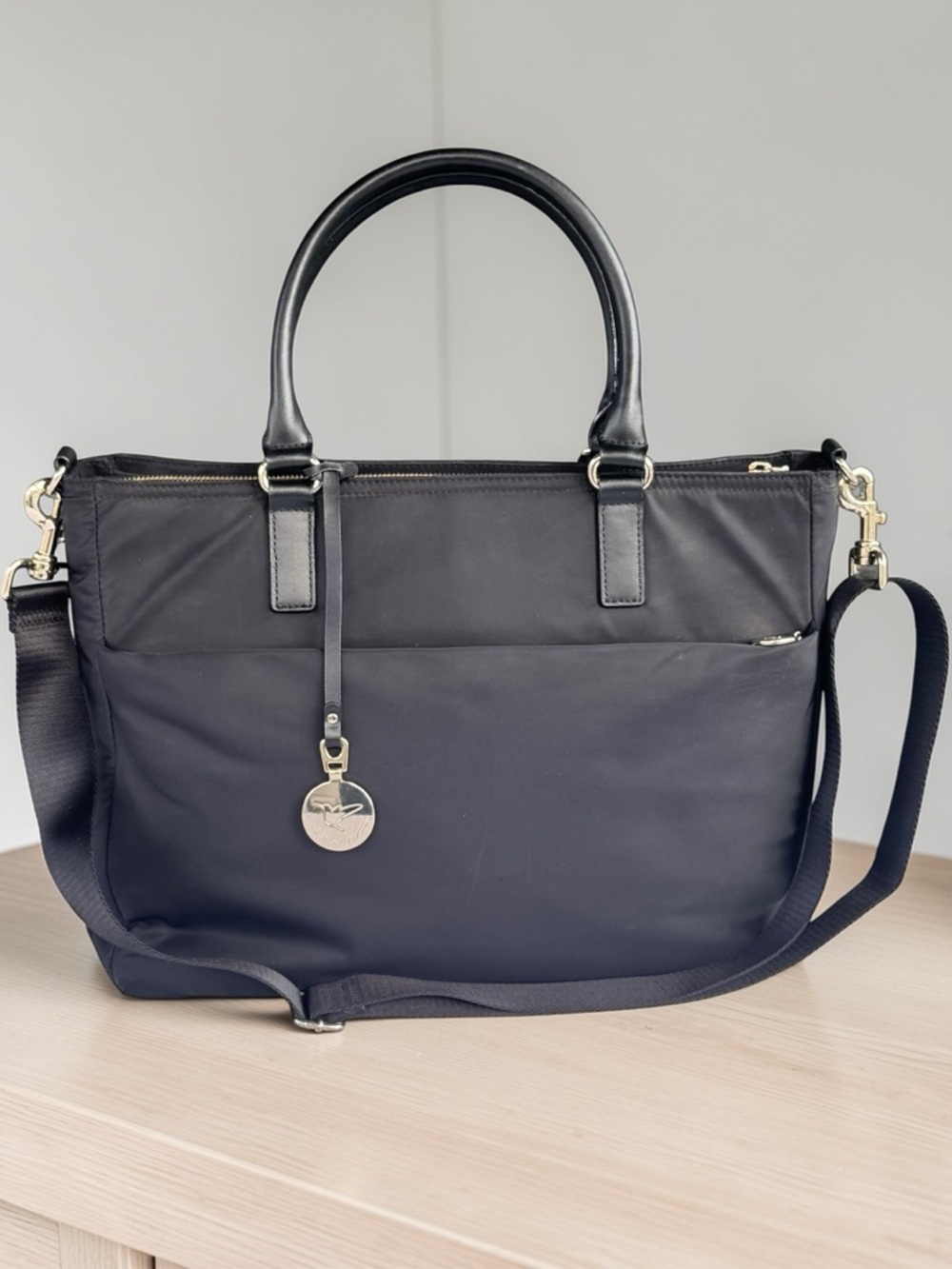 LO & SONS Brookline Bag Black Exterior Gold Hardware Lavender Lining Preowned